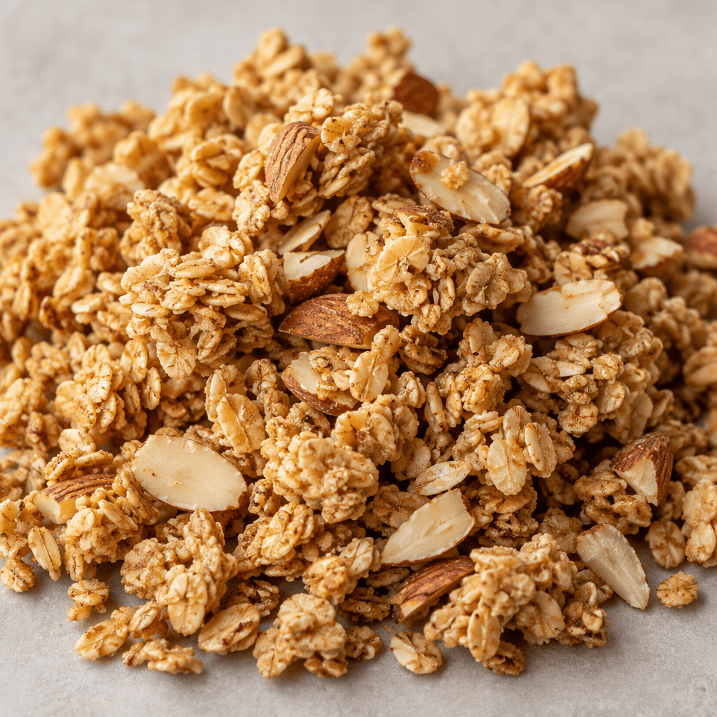 Altın bej tonlarındaki granola, aralarına dağılmış açık renkli badem parçalarıyla düzensiz yulaf kümeleri hâlinde görünür.