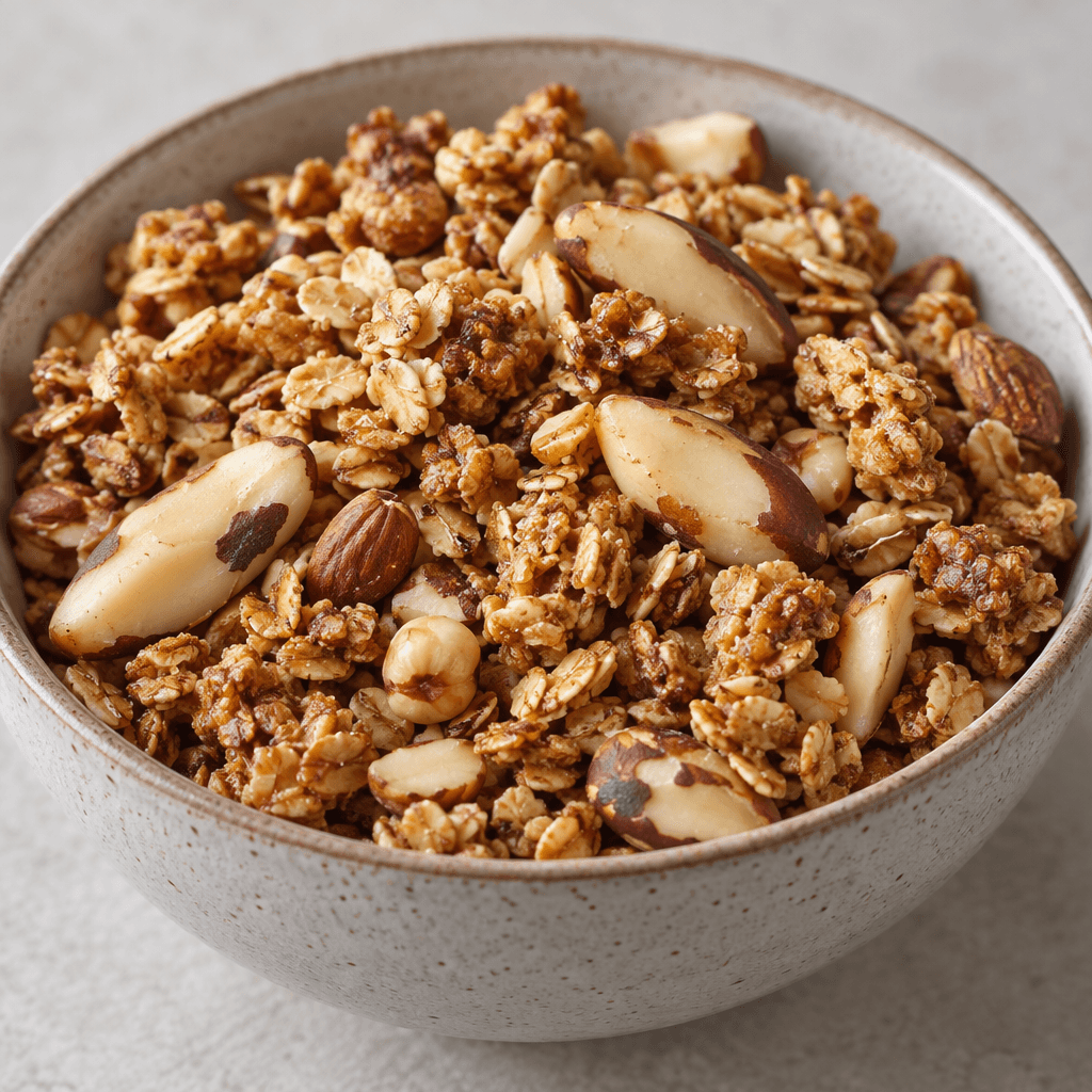 Bir kâsede, altın kahverengi yulaf gevrekleri ve çıtır kümelerin iri, açık renkli Brezilya cevizi parçalarıyla karıştığı gevşek dokulu bir granola.