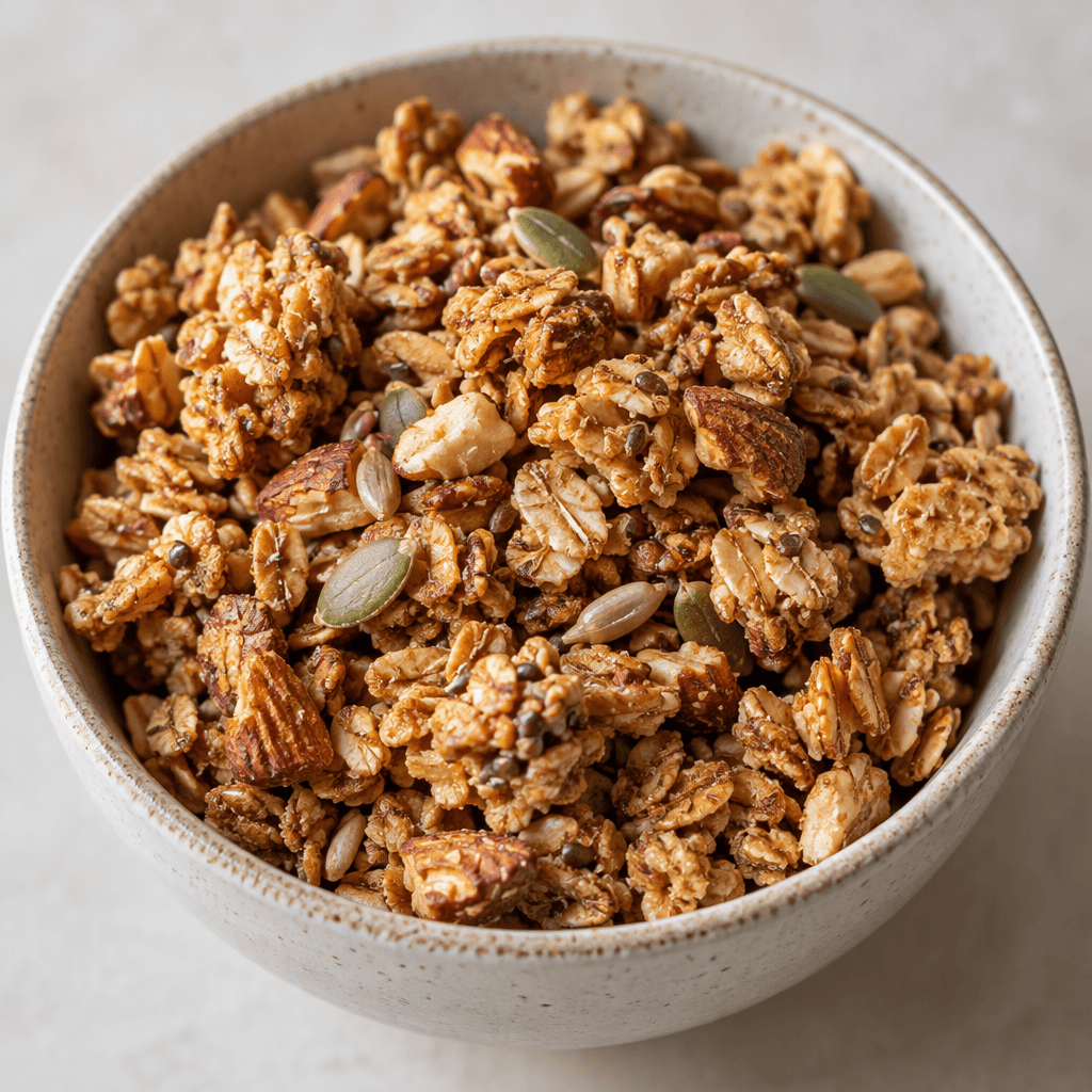 Bir kâsede, aralarında yassı gevrek parçaları, tohumlar ve küçük kuruyemiş parçaları görünen, düzensiz şekilli altın-kahverengi granola kümeleri gevşekçe yığılmış.