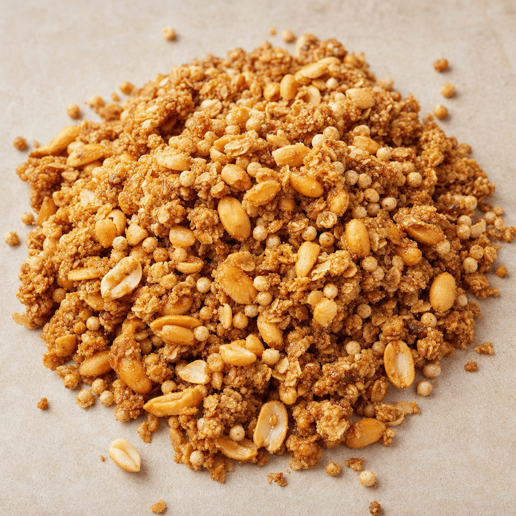 Altın kahverengi, düzensiz granola parçaları; bütün ve kırılmış yer fıstıklarıyla küçük, yuvarlak ve hafif kabarık karabuğday tanelerine karışmış halde gevşekçe yığılmış.