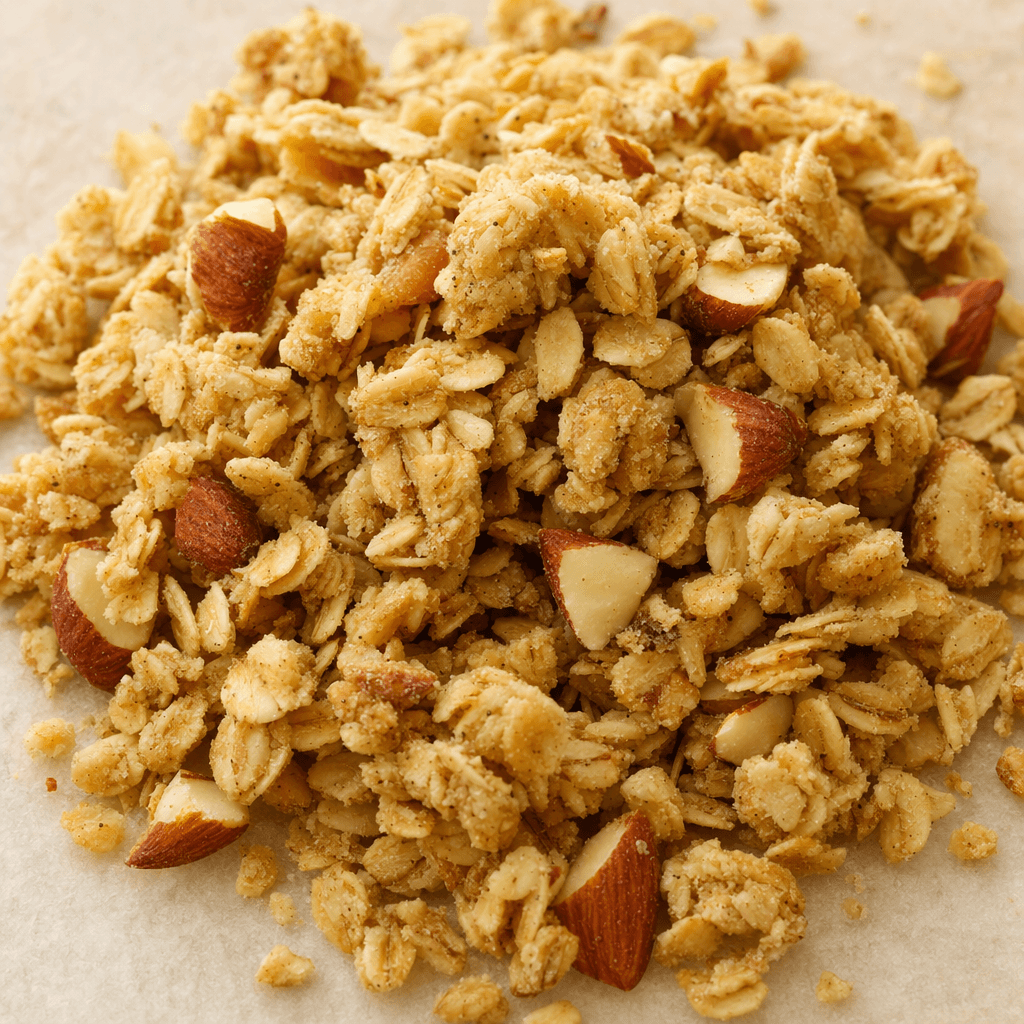 Açık altın sarısı granola kümelerinin arasında yassı yulaf taneleri ve badem parçaları görülüyor; yüzeyinde ince vanilya benekleri var.