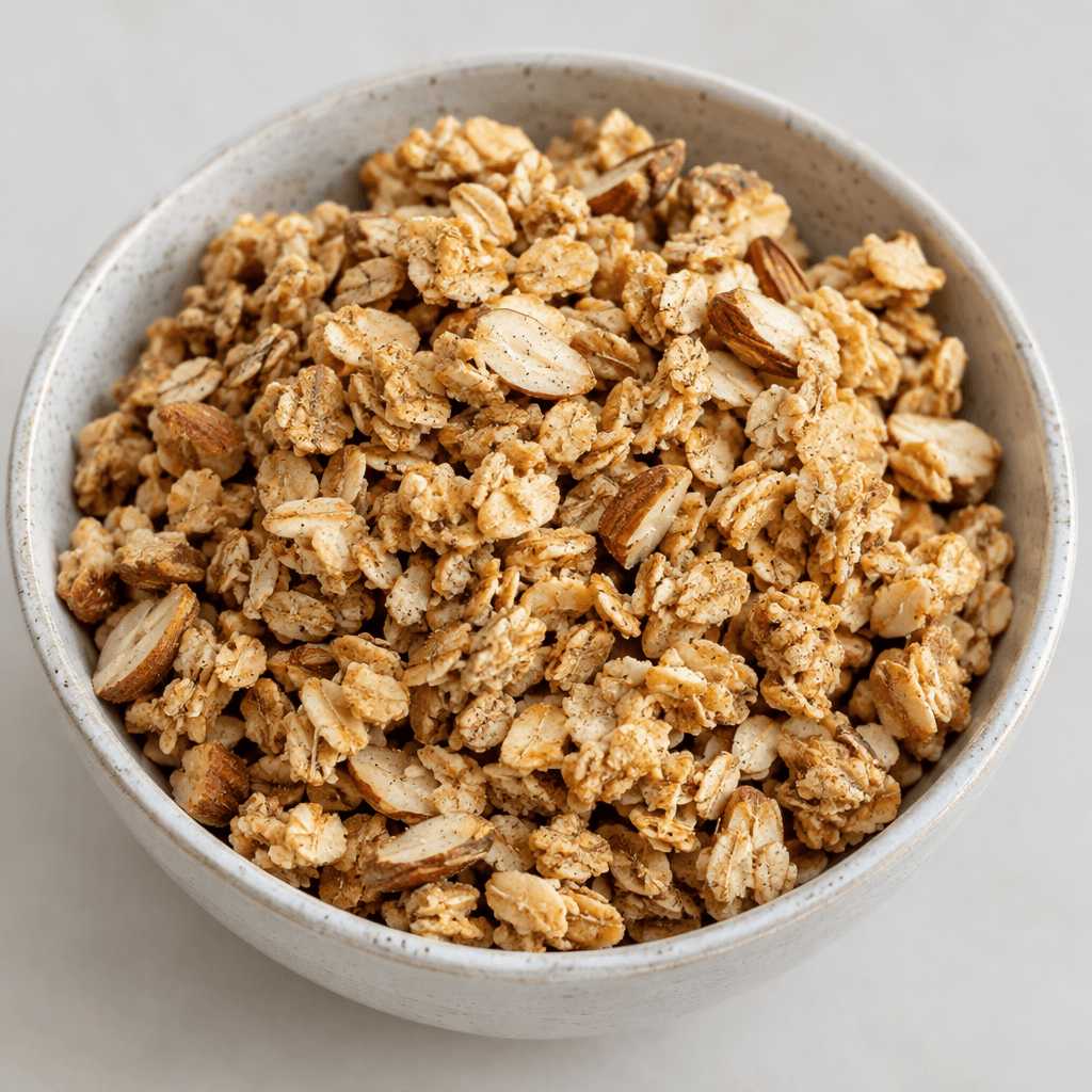 Bir kâsede, düzensiz kızarmış yulaf kümeleri, belirgin badem parçaları ve birkaç küçük koyu vanilya taneciği içeren açık altın-bej renkli granola.
