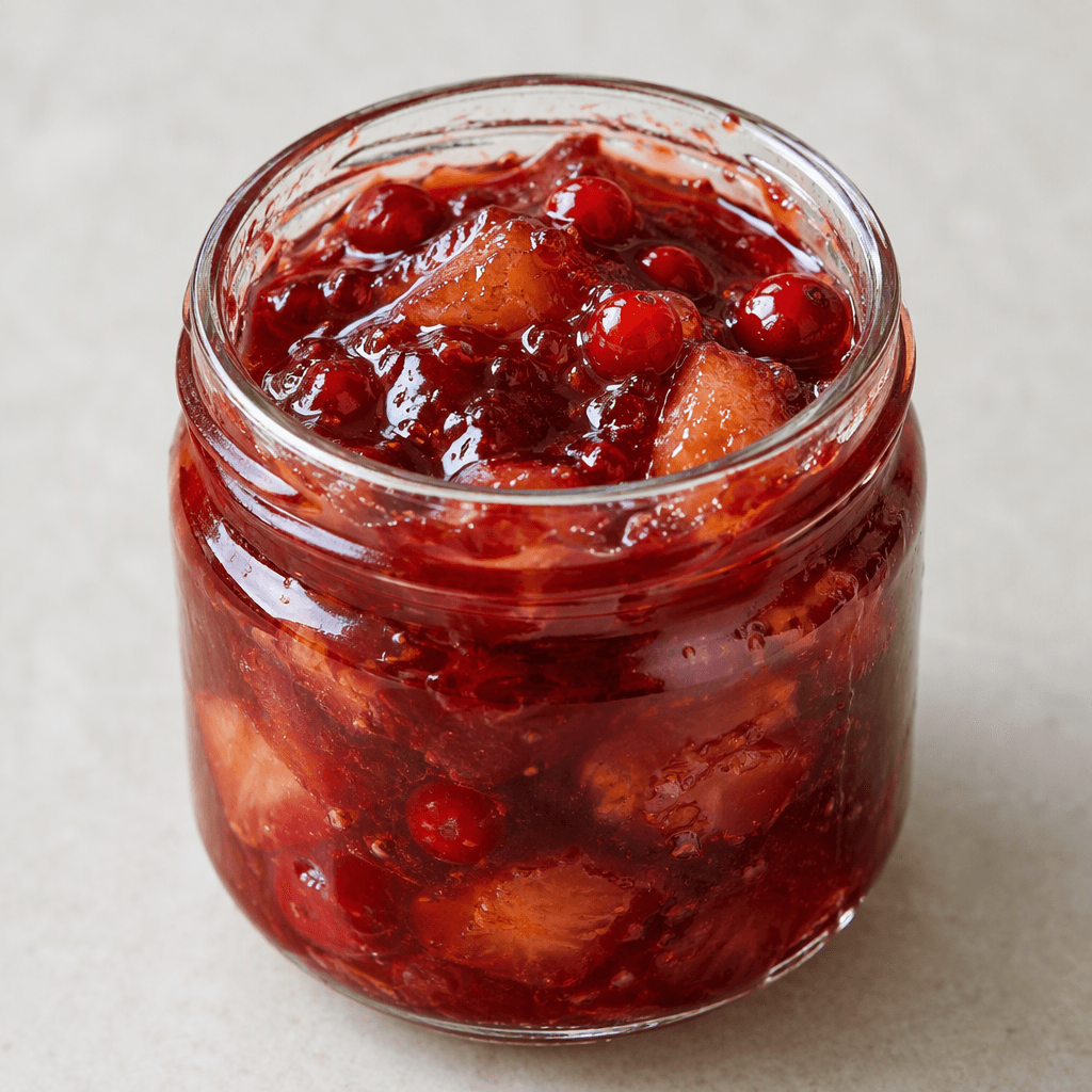 Glossy, translucent fruit jam in a small clear glass jar, showing a thick spoonable texture, jewel-like red berries and soft fruit pieces suspended in the syrupy spread, with a little jam smeared along the inner glass.