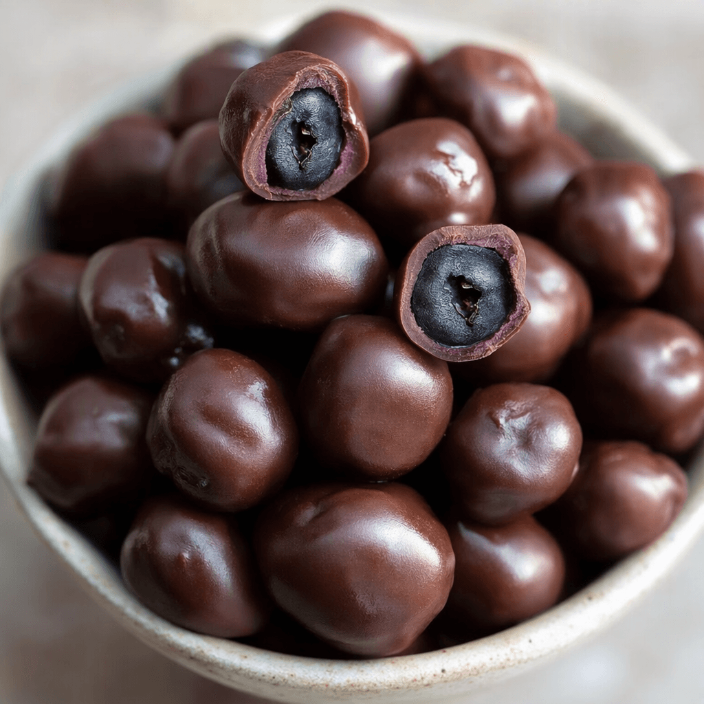 Small, round blueberries are coated in dark brown chocolate, forming uneven bite-sized pieces with a slightly glossy, gently textured surface.