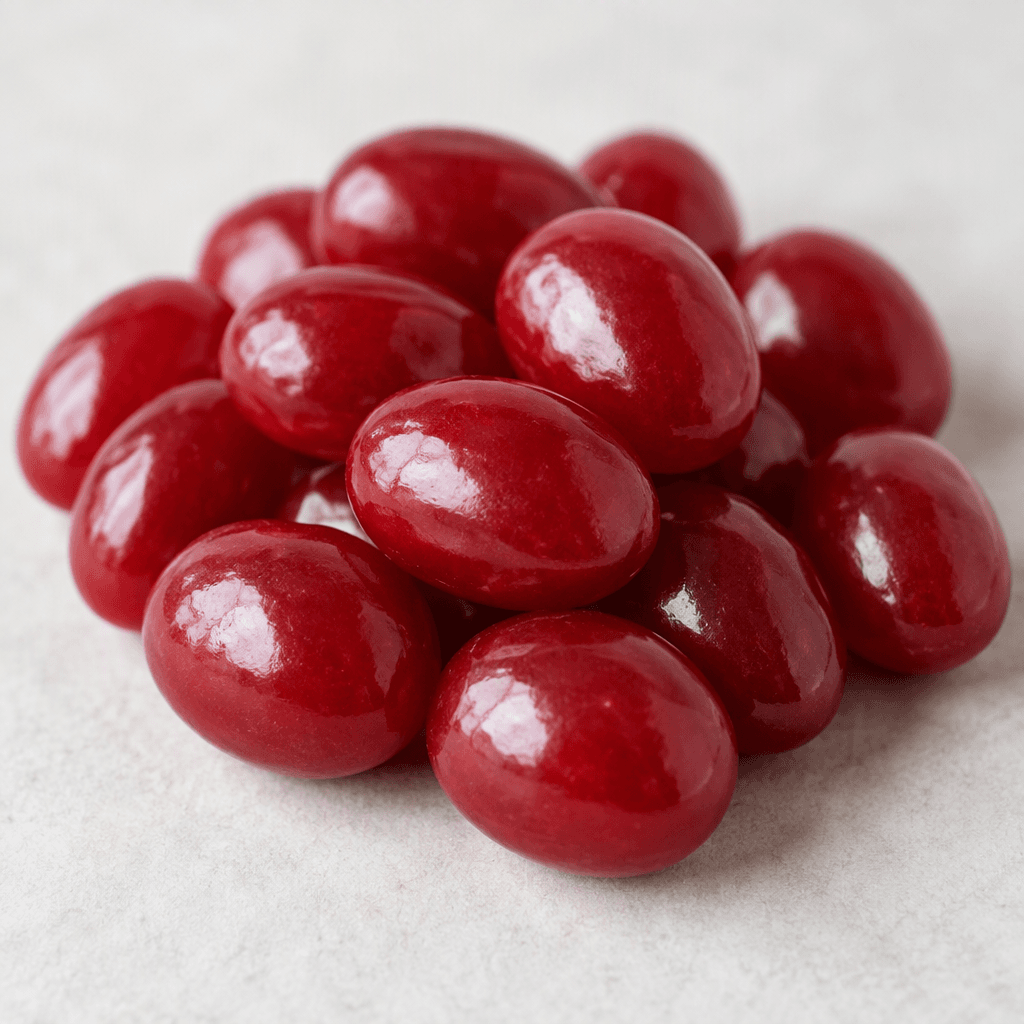 Small, glossy, deep-red candies with smooth, rounded oval shapes are arranged together on a plain surface.