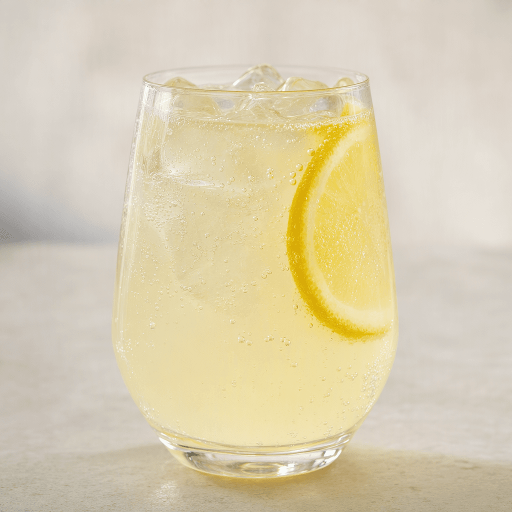 Berrak bir bardakta, içinden ince kabarcıkların yükseldiği açık sarı, yarı saydam limonlu içecek.