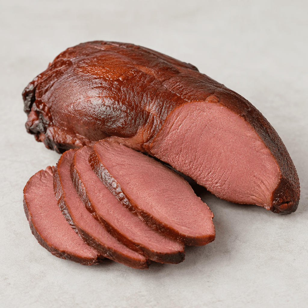 Smoked beef tongue is shown whole and in slices, with a dark reddish-brown exterior and dense, smooth pink-red meat inside.