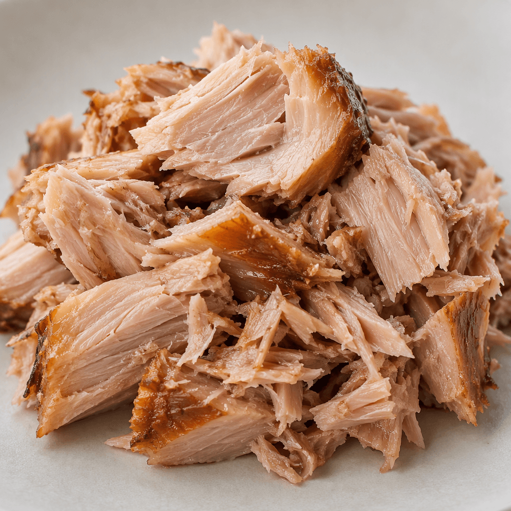 Flaky chunks of smoked tuna sit in a small mound, their muted beige-pink flesh marked with golden-brown edges and a light sheen.