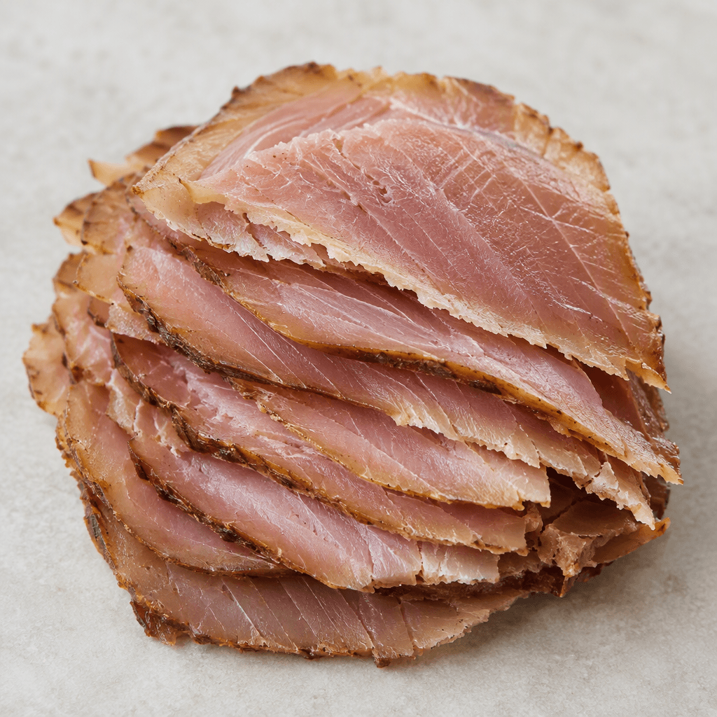 Firm, thin slices of smoked tuna are arranged in overlapping layers, showing a muted rosy-brown surface, pale pink interior, and fine flaky fibers.