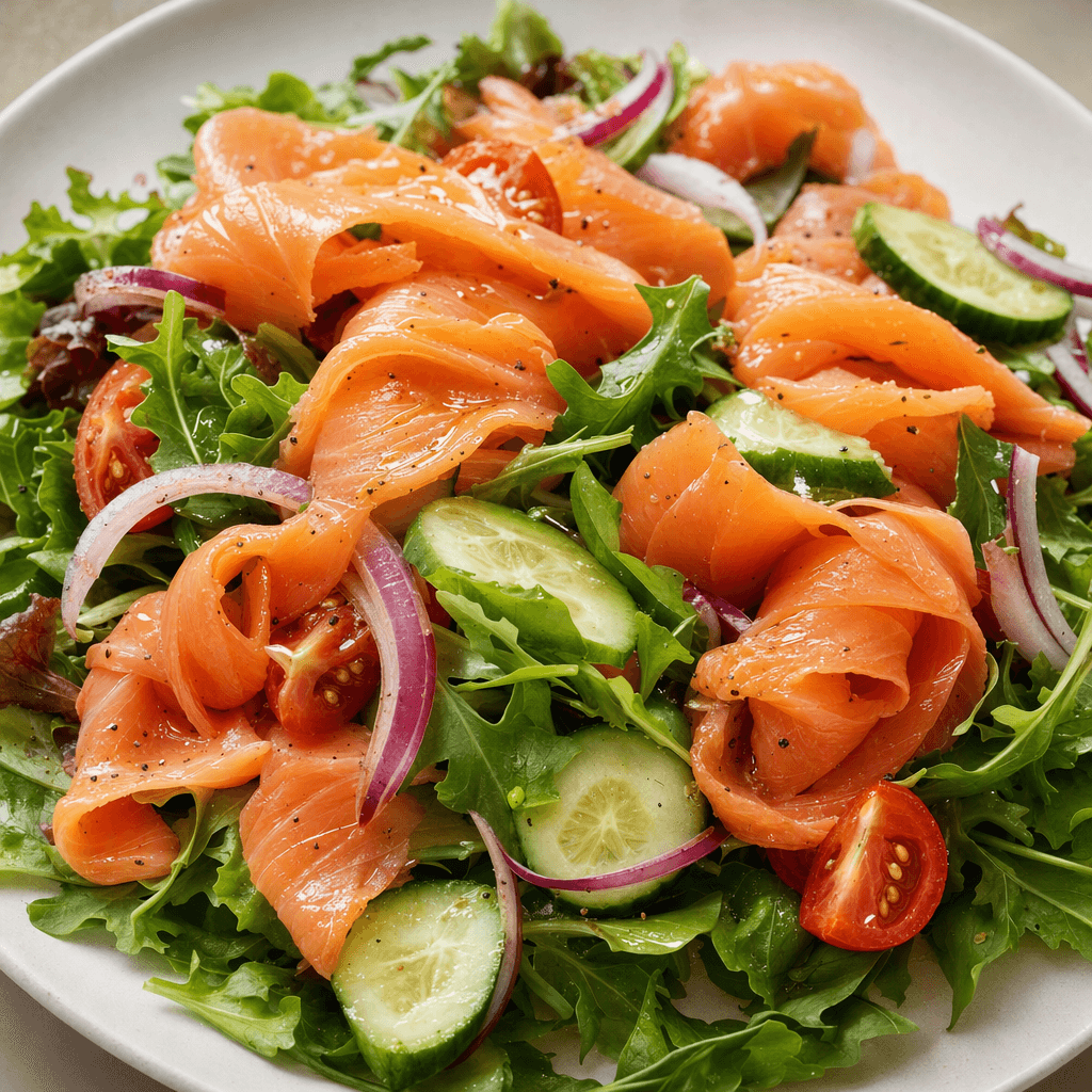 A salad of glossy pink-orange smoked salmon ribbons arranged over crisp green leaves, with thin slices of cucumber and red onion, small red tomato pieces, and a light sheen of dressing on a plate.