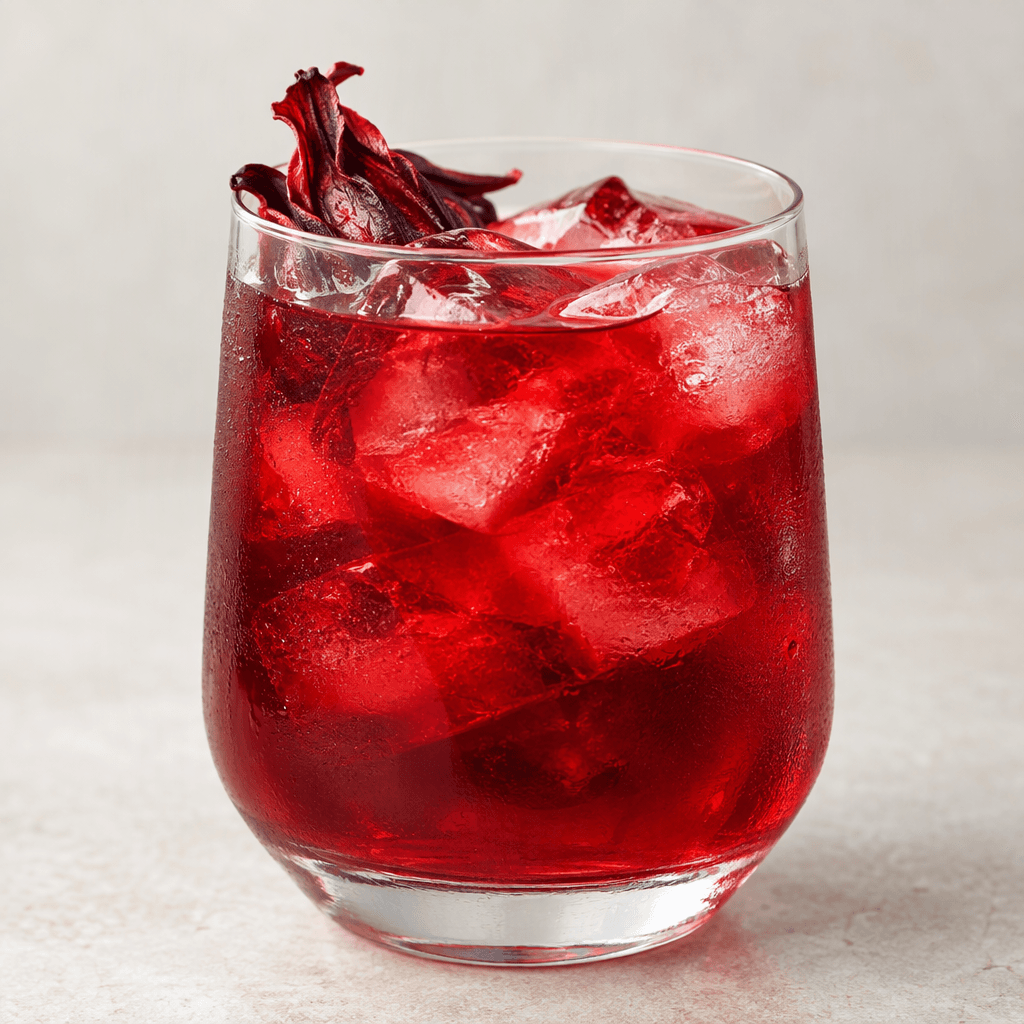 Şeffaf bir bardakta, ışıkta parıldayan pürüzsüz yüzeyi ve içindeki buz küpleri görünen, yarı saydam yakut kırmızısı bir hibiskus içeceği.