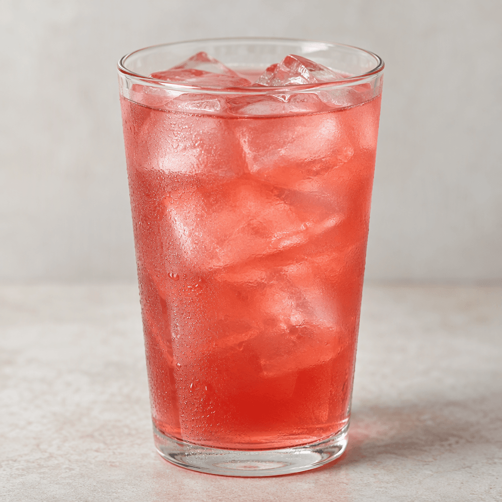 A clear glass filled with translucent watermelon-pink iced tea, with ice cubes visible through the drink.