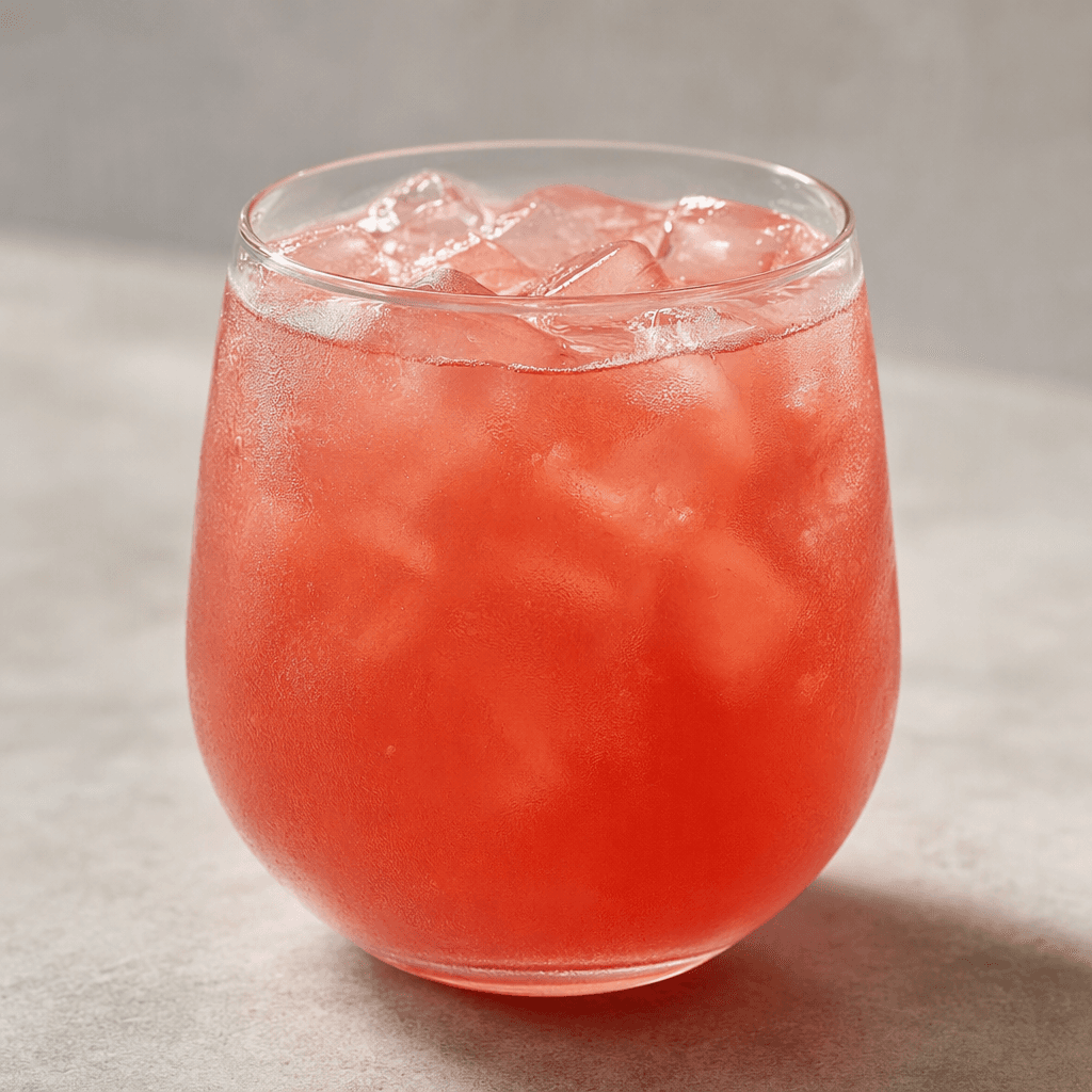 A translucent pink-red watermelon-flavoured tea is served over clear ice in a glass.