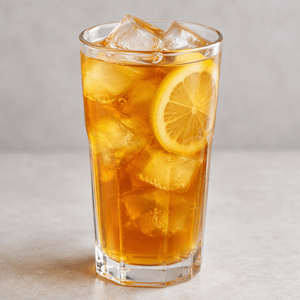 A tall glass holds translucent golden-amber lemon tea with several visible ice cubes and a thin lemon slice.
