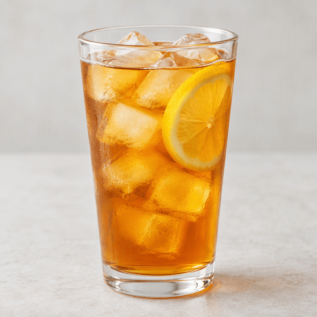 A clear glass holds translucent golden-amber iced tea with several pale ice cubes and a thin lemon slice visible in the drink.