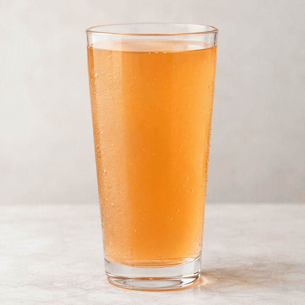 A clear, translucent amber-peach beverage with a smooth liquid surface, served chilled in a tall transparent glass.