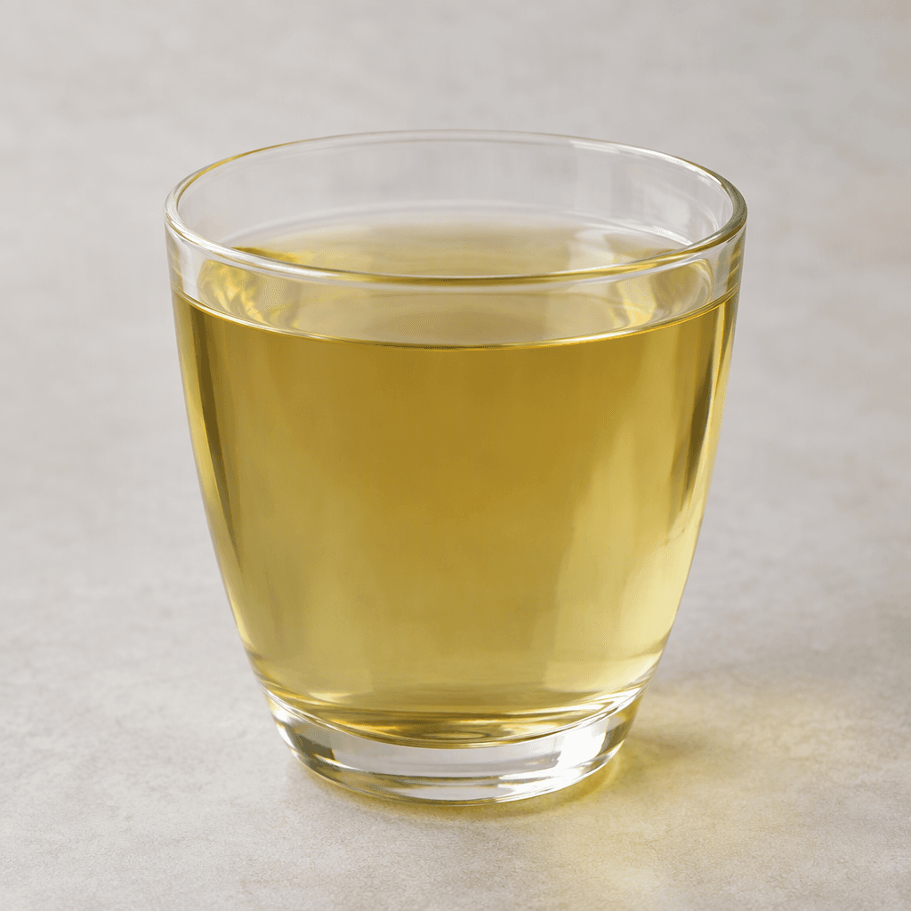 A clear, pale golden-green tea drink sits in a transparent glass, with a light amber tint and no visible garnish.