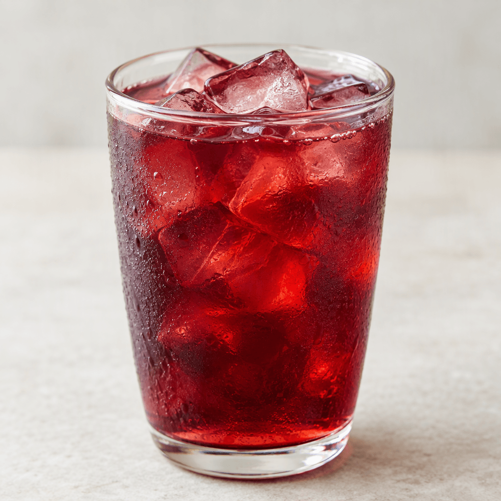 A translucent deep ruby-red iced tea with a slight purple tint, served over clear ice cubes in a glass.