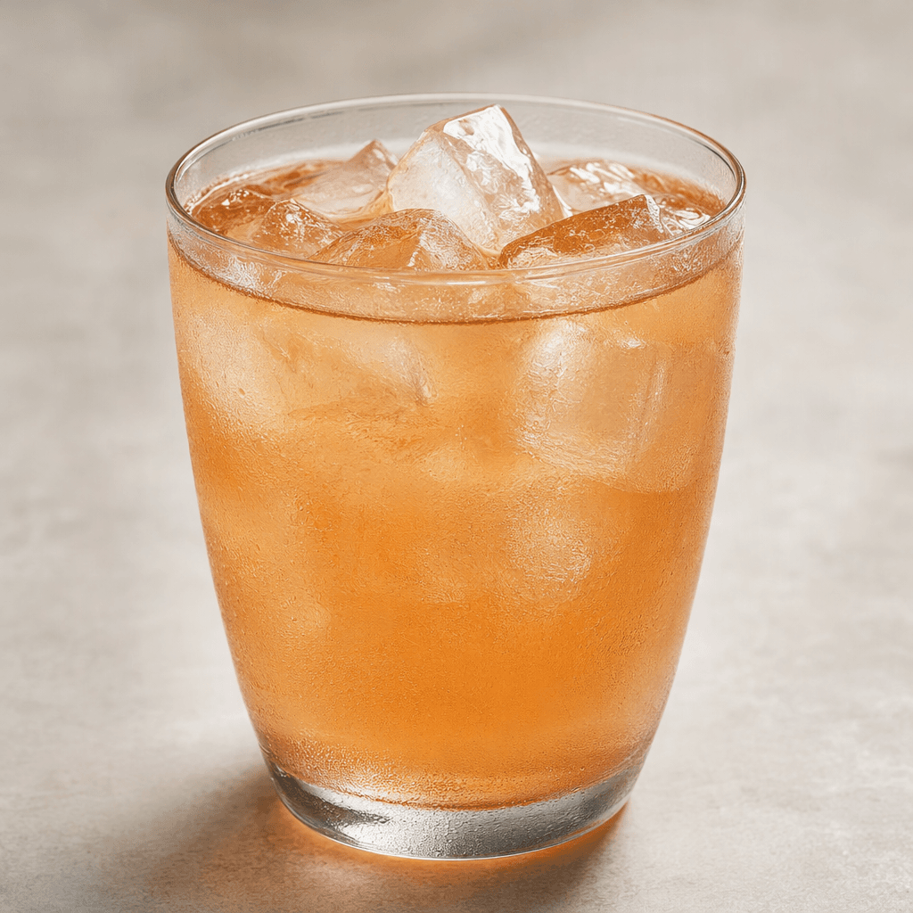 A translucent, pale amber-pink iced tea sits in a clear glass with ice cubes and a light sheen of condensation.