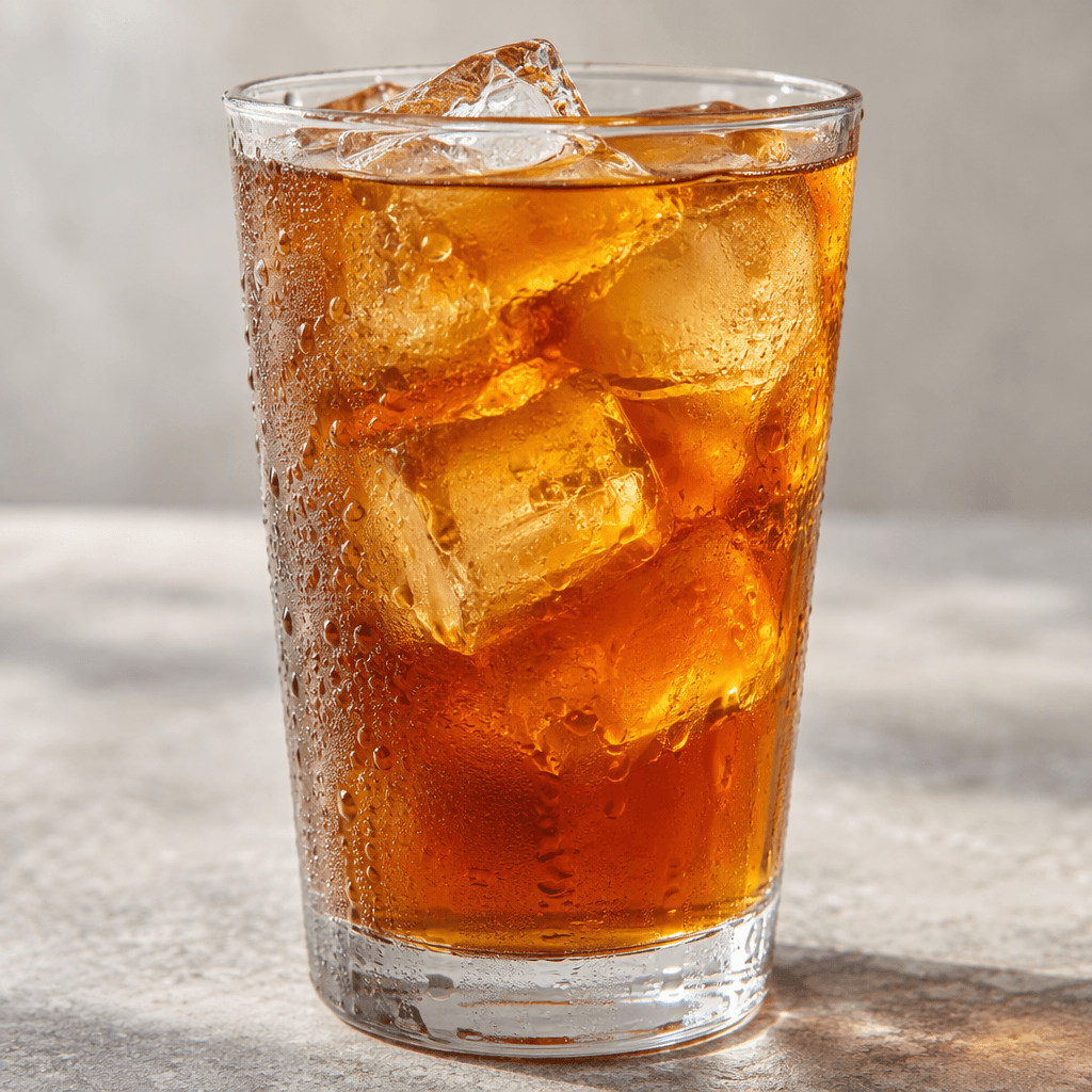 A clear glass filled with translucent amber-brown iced tea and chunky ice cubes, with a few droplets of condensation on the outside.