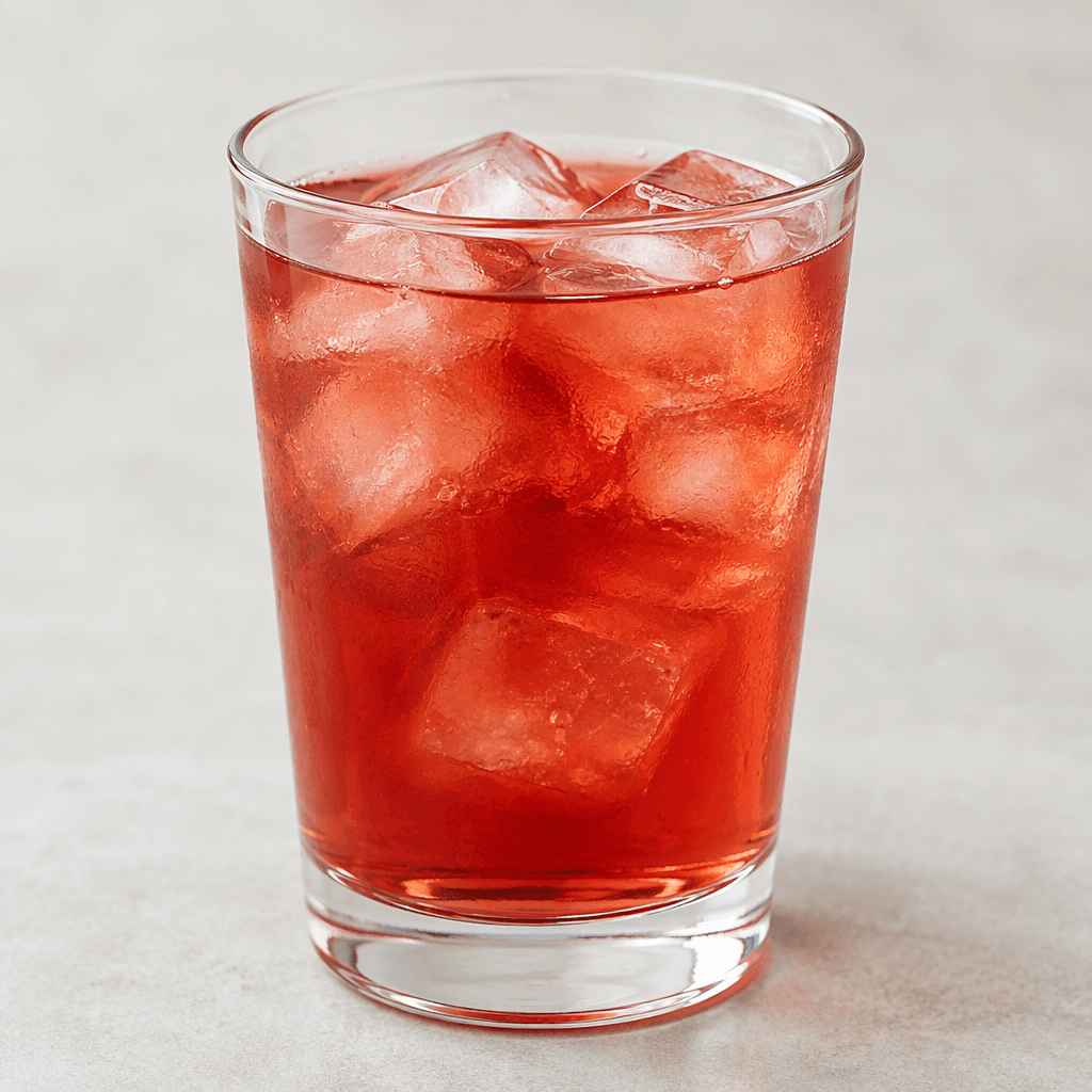 A clear glass filled with translucent rosy-red iced tea, with several ice cubes visible through the drink.