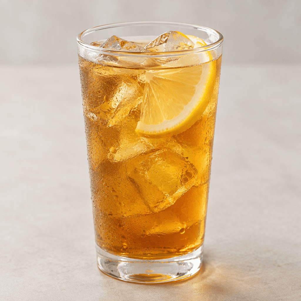 A clear, golden-amber drink with a light tea-brown tint, served over ice with a thin lemon slice.