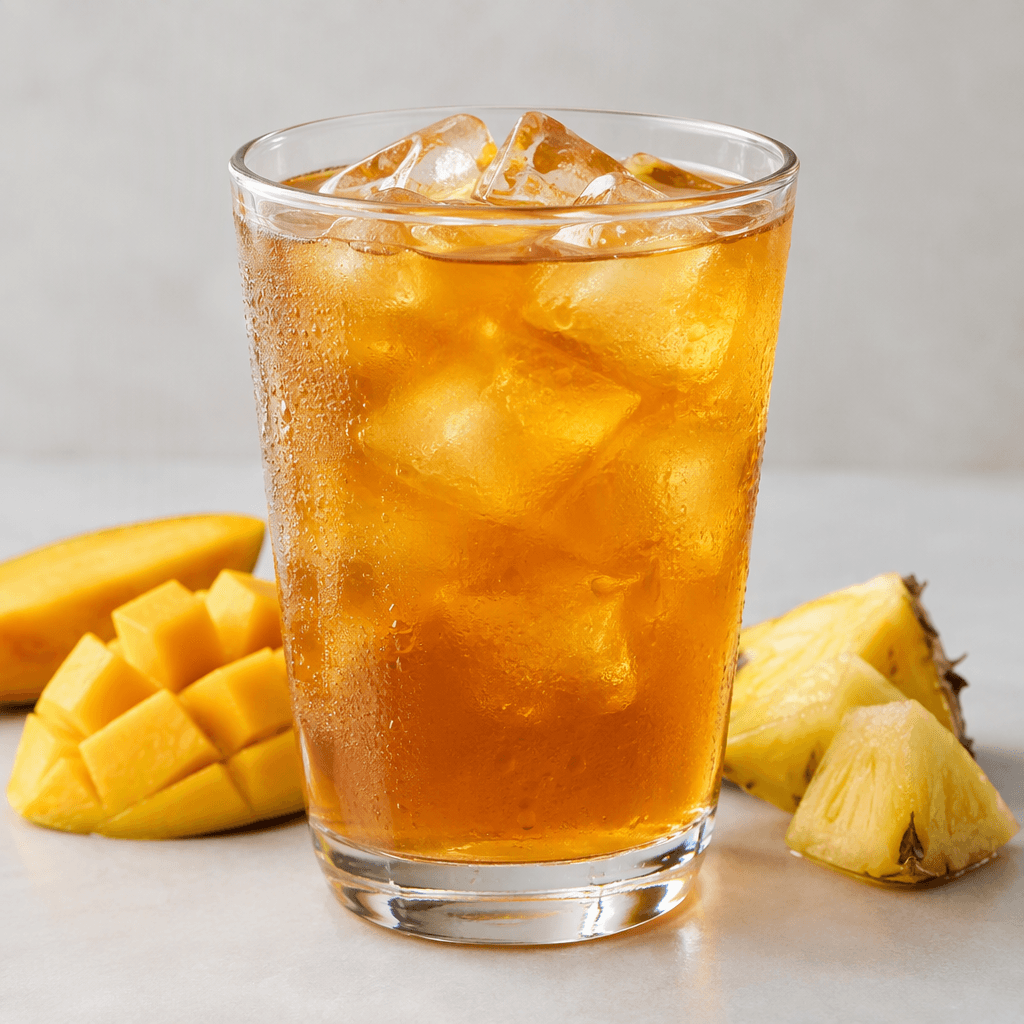 A translucent golden-amber iced tea with a smooth, clear appearance, served chilled in a clear glass over ice cubes, with small mango and pineapple pieces visible beside it.