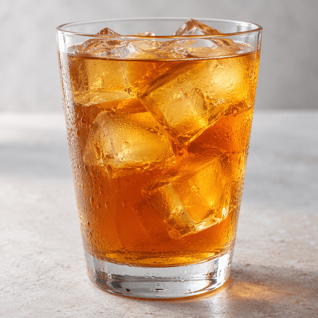 A translucent golden-orange iced tea is served in a clear glass over several angular ice cubes, with no visible fruit pieces.