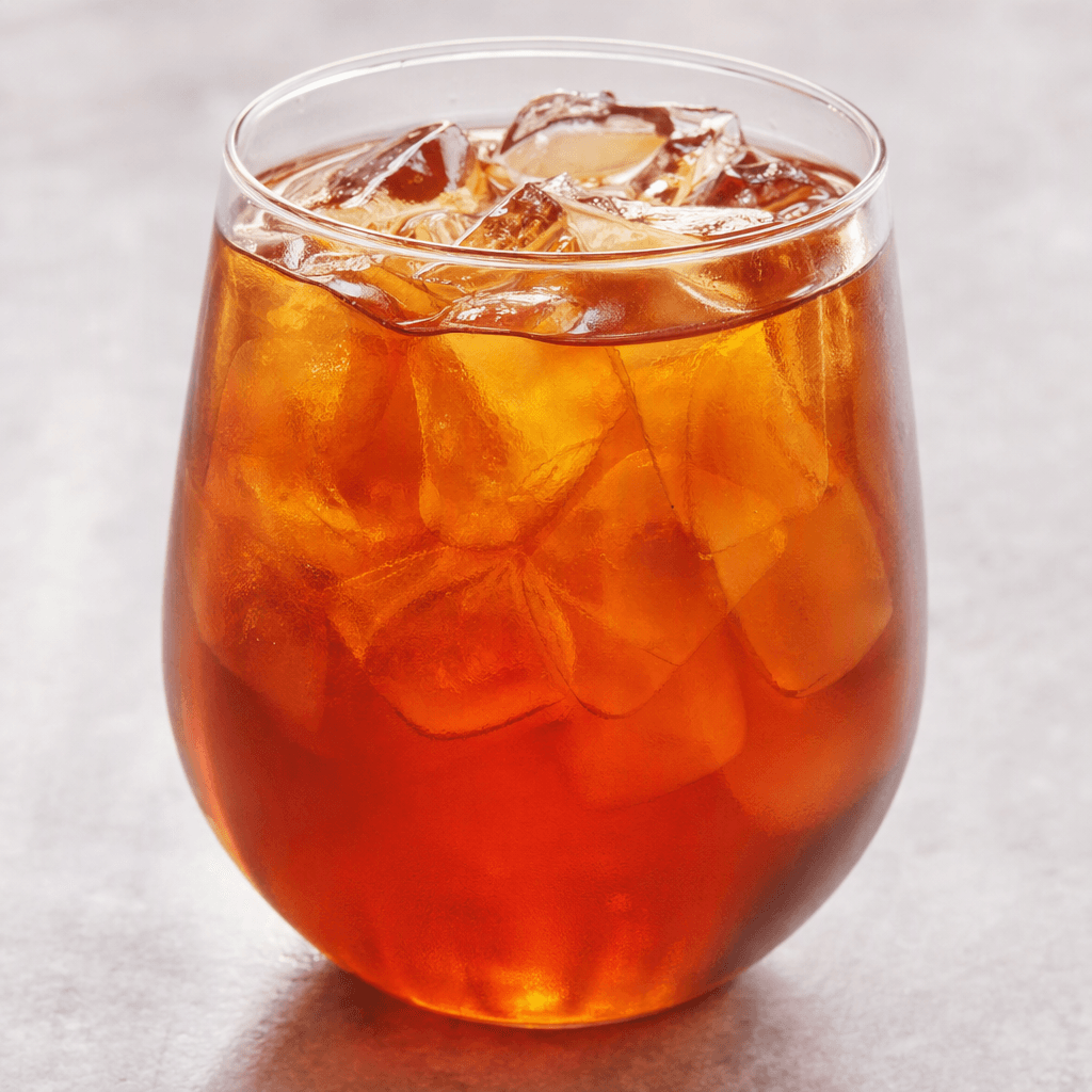 A translucent reddish-amber drink with a clear, even appearance, served chilled over ice in a glass.