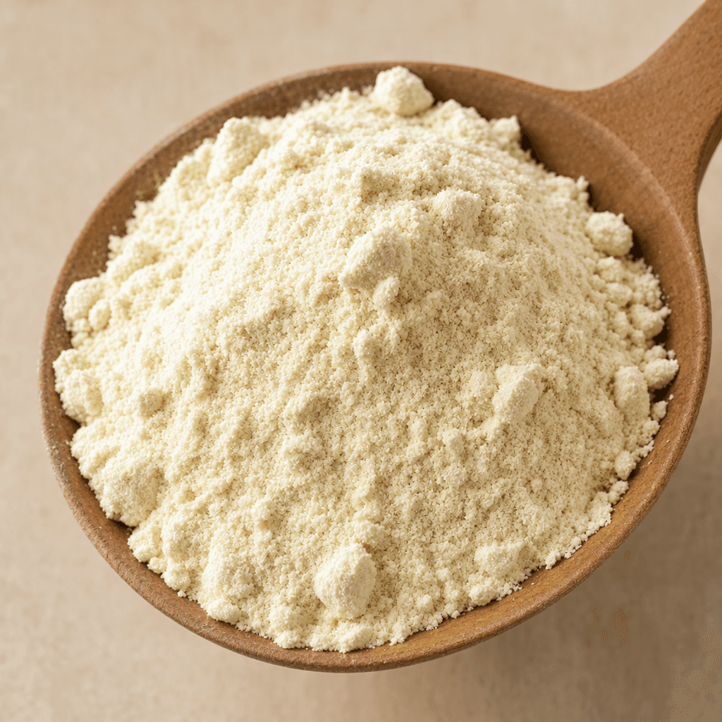 A mound of fine, pale cream-colored powder with a few small clumps sits in a scoop.