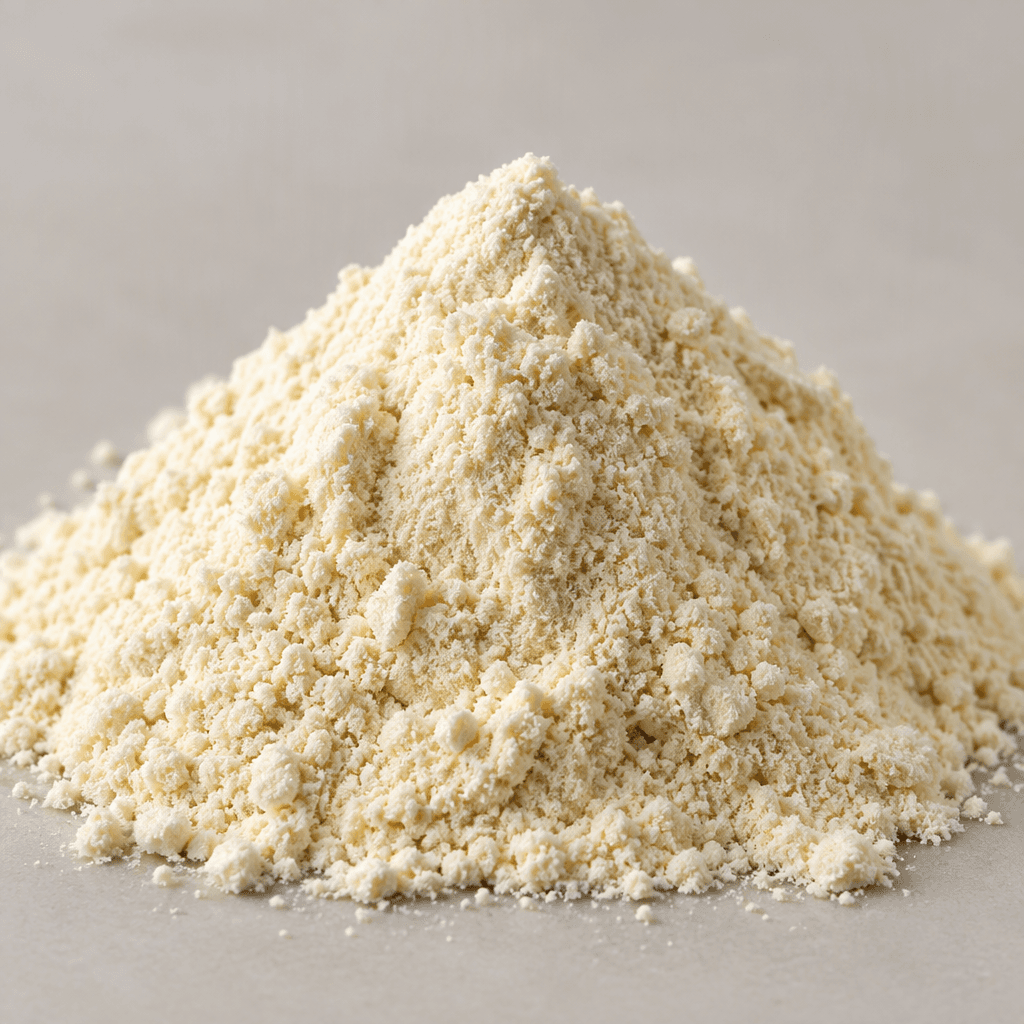 A mound of fine, pale cream-colored protein powder with a soft, slightly granular texture.