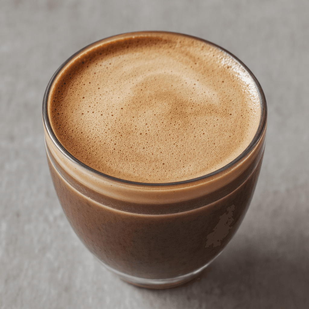 A smooth, dark-brown mocha drink sits in a cup, topped with a thin layer of light-tan foam.