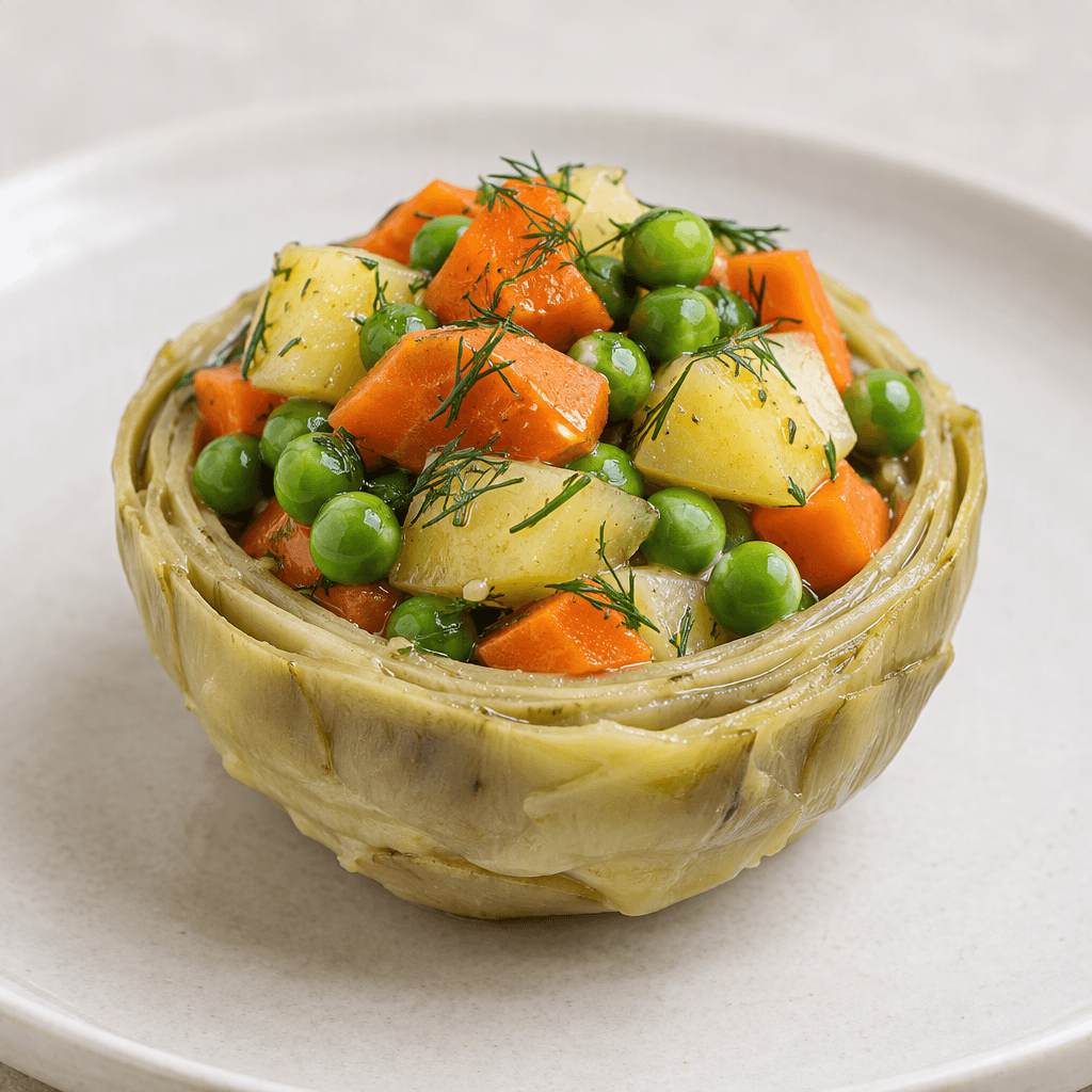 A pale green artichoke heart sits like a shallow cup on a plate, topped with small pieces of orange carrot, yellow potato and bright green peas, with a little fresh dill scattered over the vegetables.