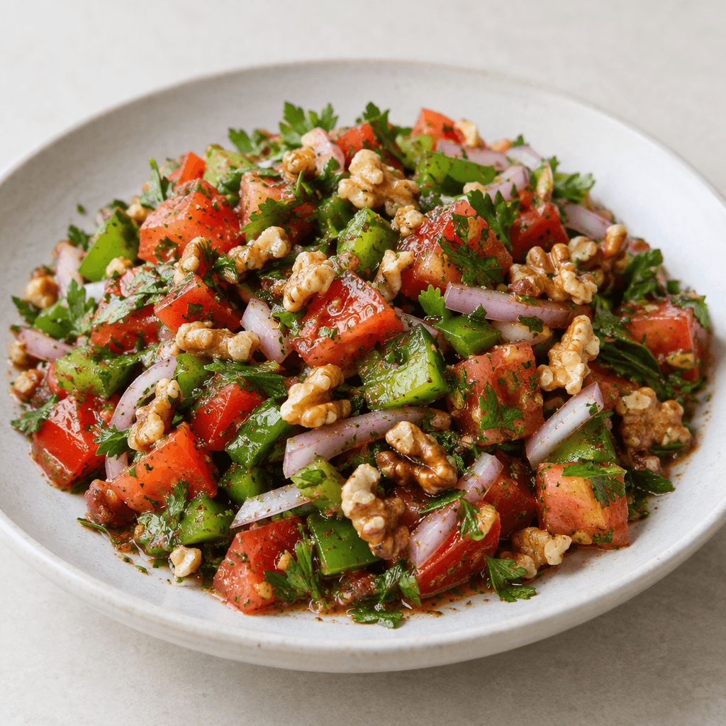 A shallow plate holds a finely chopped salad of bright red tomatoes, green peppers, pale purple onion, and fresh green parsley, scattered with coarse walnut pieces and lightly coated in a glossy reddish dressing.
