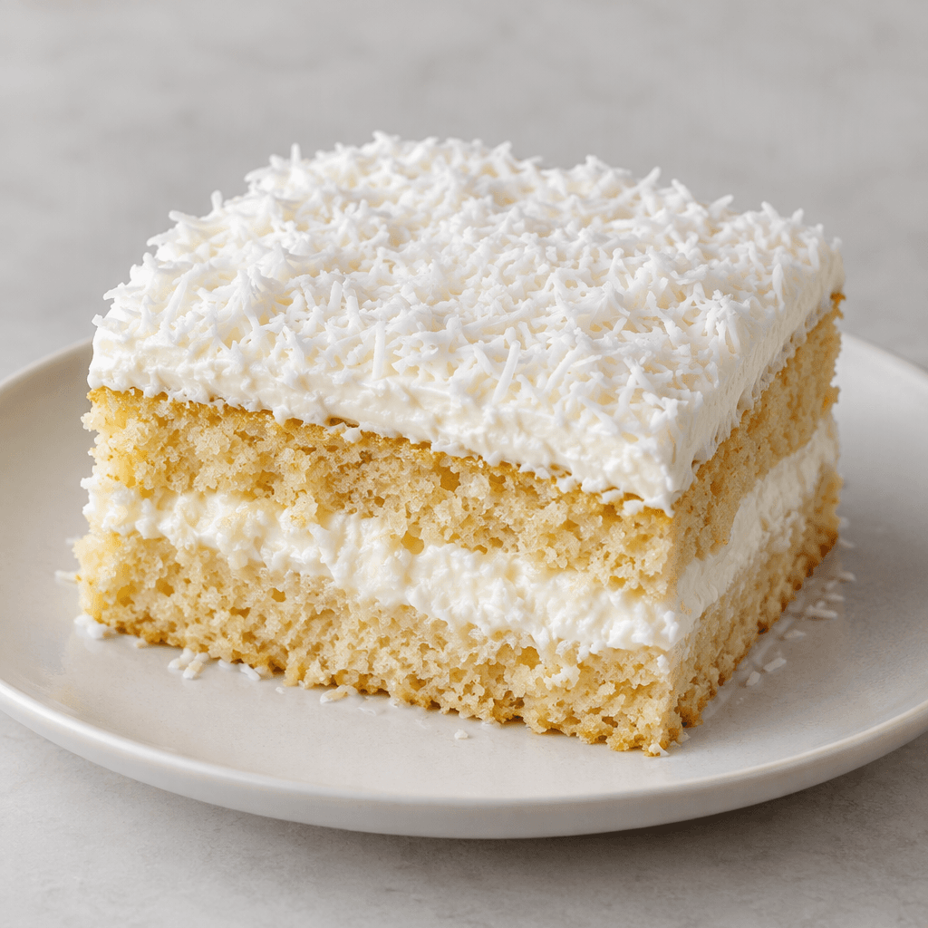 A rectangular, pale golden sponge cake sits on a serving plate, visibly moist and layered with white milk-based cream, topped with a smooth white cream layer and a generous scattering of fine white coconut flakes.