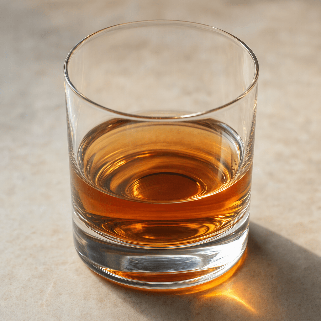 A clear, warm amber-brown spirit sits in a short, heavy-bottomed glass, catching the light with a glossy surface.