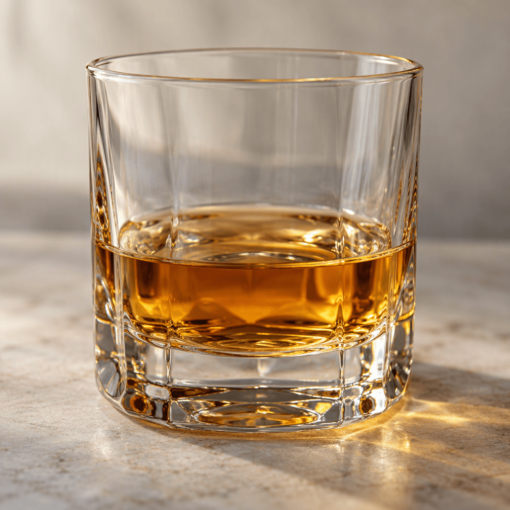 A small pour of clear golden-amber whiskey sits in a short, transparent glass, catching warm highlights.