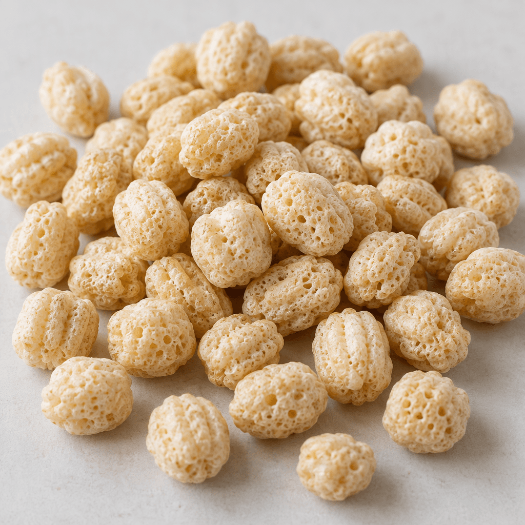 Small, pale beige puffed cereal pieces with a dry, porous texture and rounded or lightly ridged shapes are scattered on a plain surface.