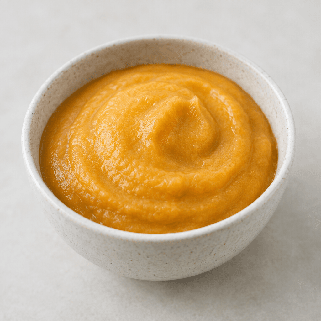 A small serving of thick, finely blended baby food sits in a bowl, smooth and spoonable, with a muted color that varies from pale yellow or orange to green or brown.
