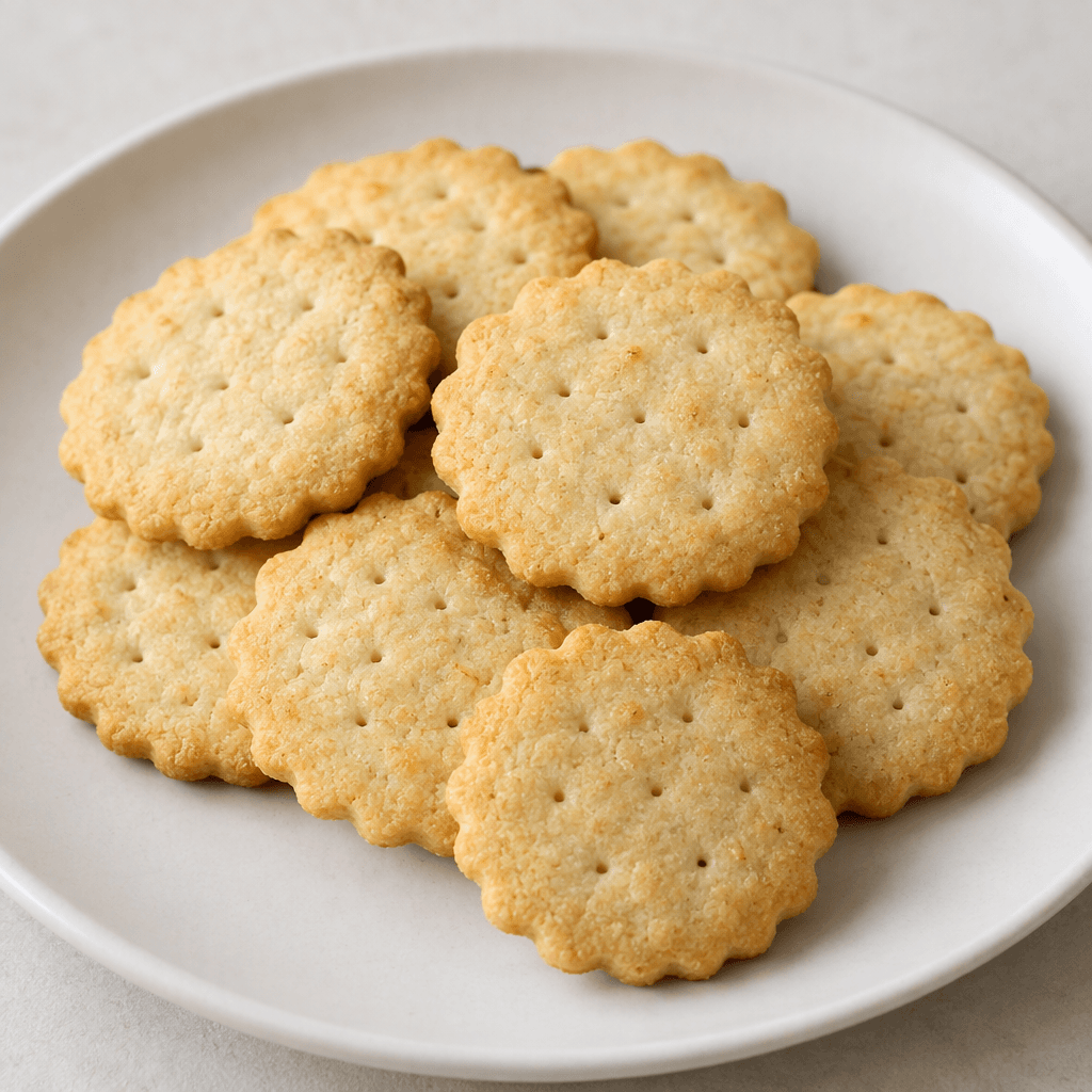 Several small, pale golden, rounded crackers with softly scalloped edges and a lightly porous, matte surface are arranged on a plain plate.