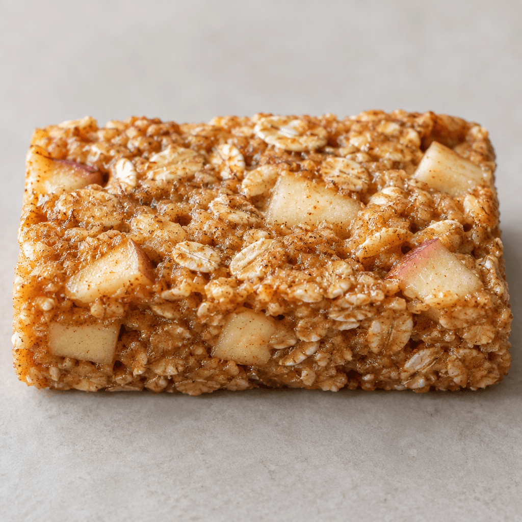 A compact, rectangular golden-brown bar with a slightly rough, grainy surface and small pale apple pieces and oat flecks visible throughout.