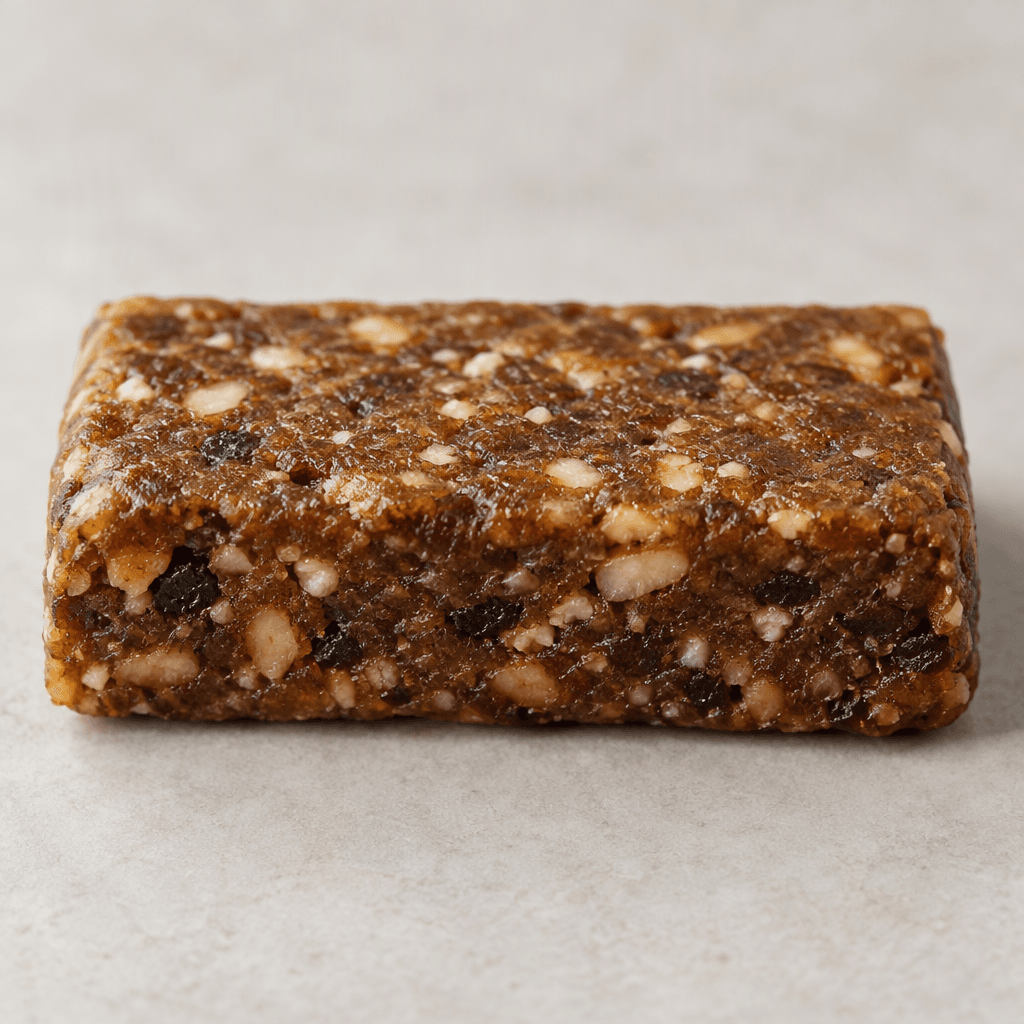 A compact, rectangular brown bar with a dense, slightly uneven surface and small pale and dark flecks, shown whole.