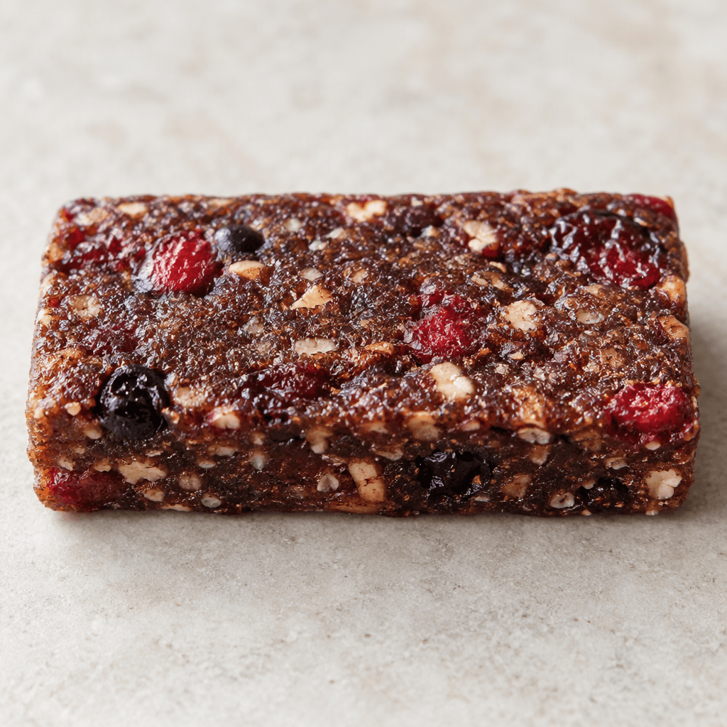 A compact rectangular protein bar with a dark reddish-brown surface, dotted with small pieces of red and purple fruit and a slightly rough, dense texture.