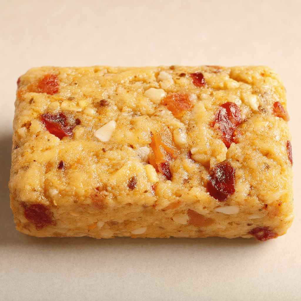 A compact rectangular, golden-beige bar with a slightly uneven, chewy-looking surface and small colorful dried-fruit pieces visible throughout.