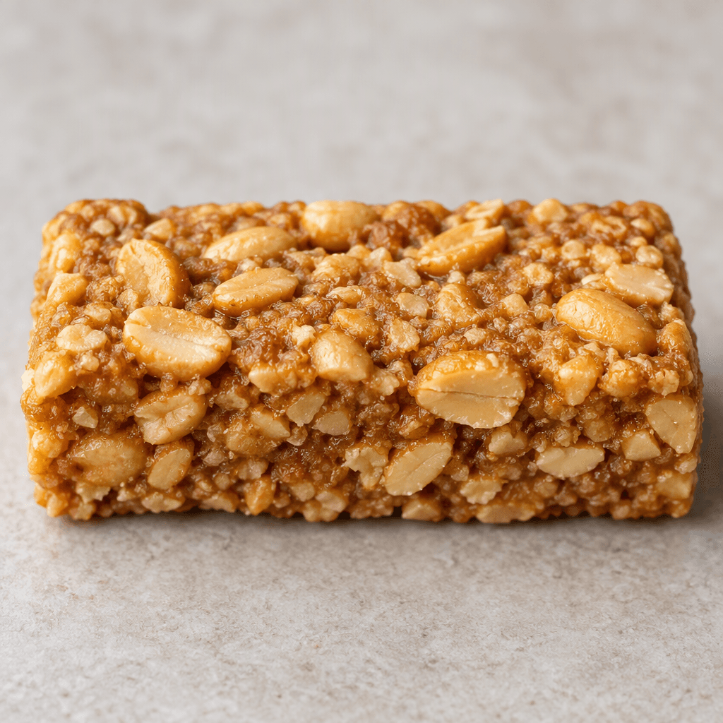 A compact rectangular peanut protein bar with a rough golden-brown surface and visible pieces of peanut throughout.