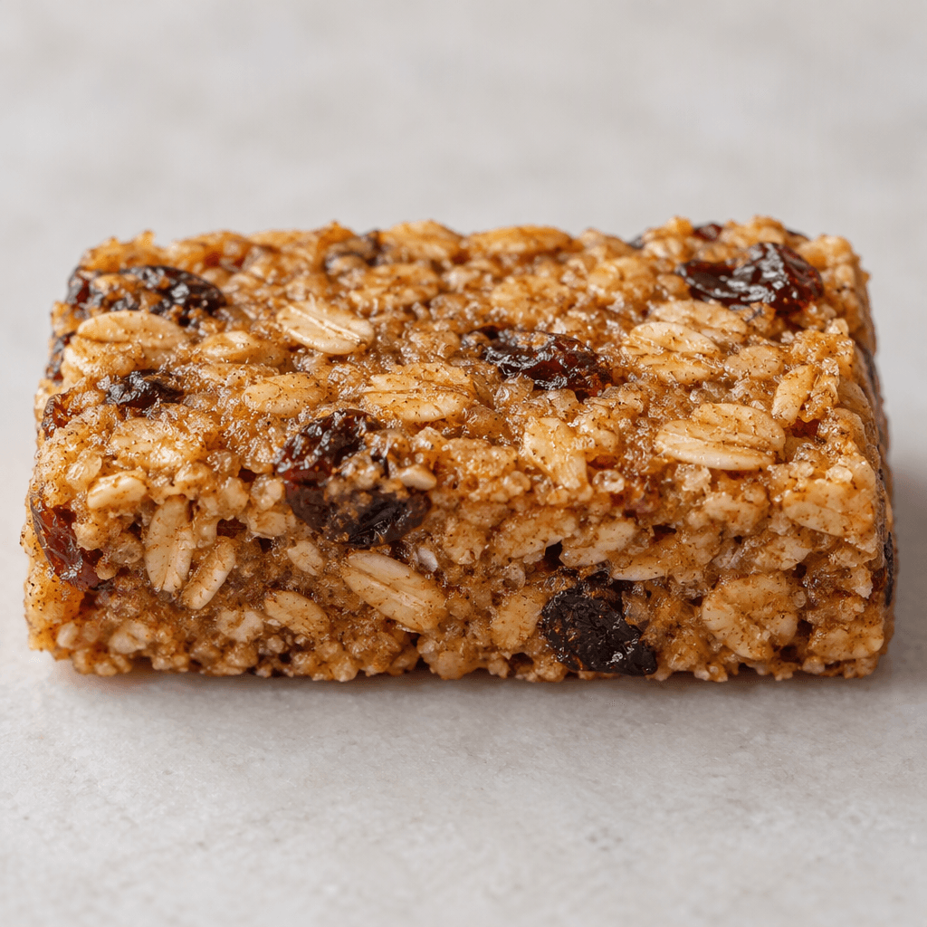 A compact rectangular bar with a slightly rough golden-brown surface, visible oat-like flakes and small darker fruit pieces, with a few flecks of spice.