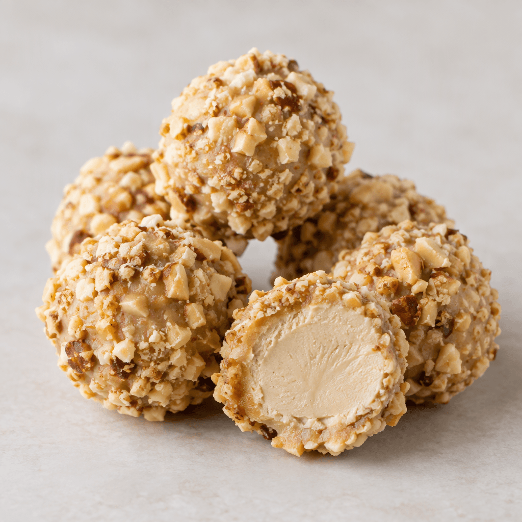 Small round hazelnut confections with a pale golden, uneven coating of finely chopped nuts, with one cut open to show a smooth, light-colored filling.