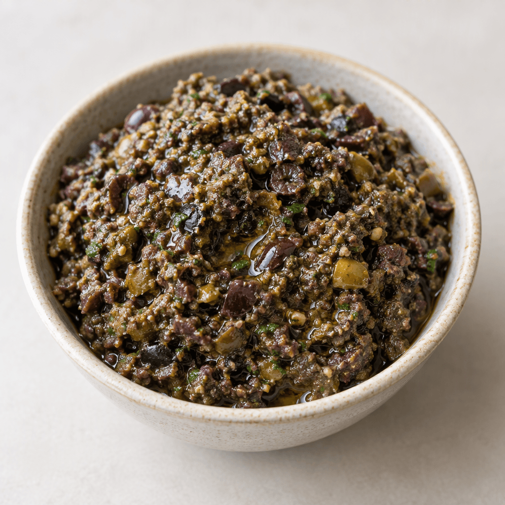 A thick, coarse olive spread in a shallow bowl, dark green to brown with visible crushed olive pieces, tiny herb flecks, and a light sheen of oil on the surface.