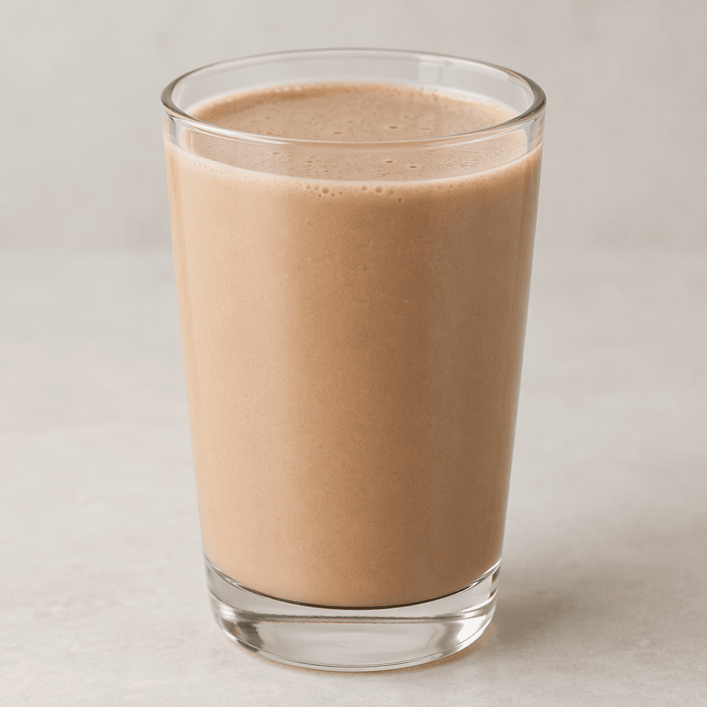 A smooth, opaque light-brown drink with a creamy appearance, served in a clear glass.