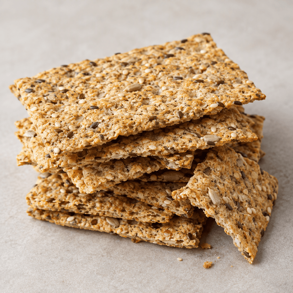 Thin, flat, rustic rectangular crackers in golden beige tones, with rough porous surfaces, darker flecks and visible seeds throughout, arranged in a small overlapping stack with a few broken edges showing their crisp texture.